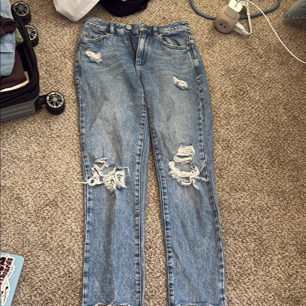 Garage Blue Straight Leg Jeans with Distressed Details